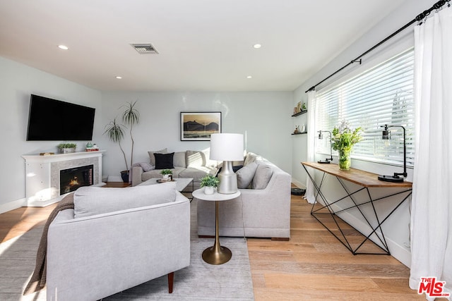 living room featuring a premium fireplace and light hardwood / wood-style floors