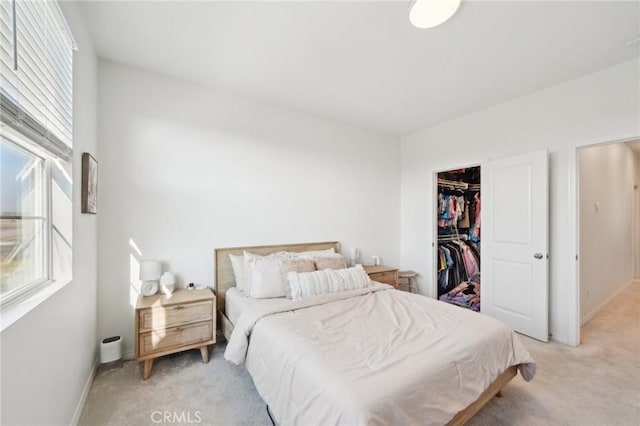 carpeted bedroom with a spacious closet and a closet