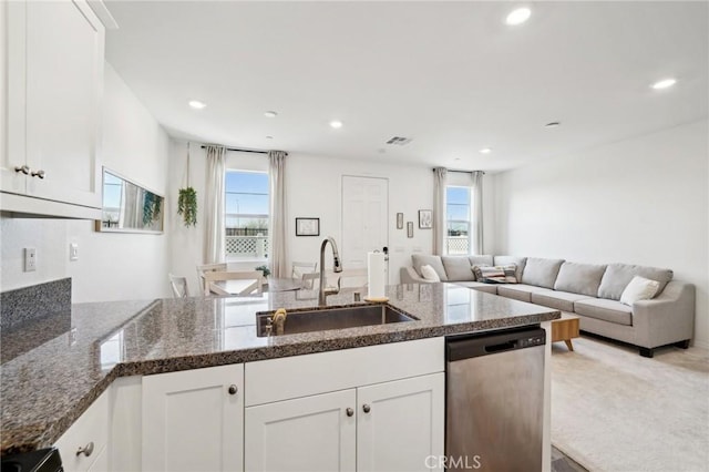 34495 Agave Dr Unit 1103, Winchester, CA 92596 - kitchen featuring dark stone countertops, white cabinets, dishwasher, and a sink