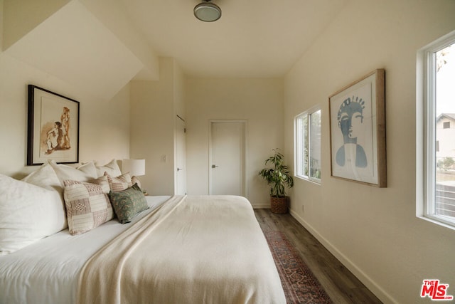 bedroom with dark hardwood / wood-style flooring