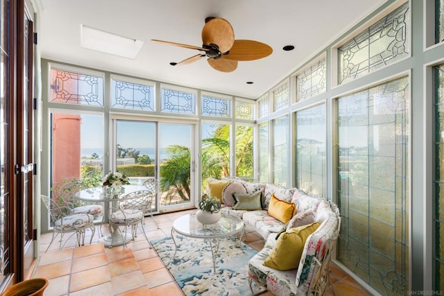 sunroom / solarium featuring ceiling fan and a skylight