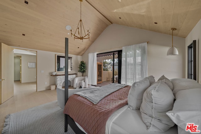 bedroom featuring a notable chandelier, lofted ceiling, access to outside, and wooden ceiling