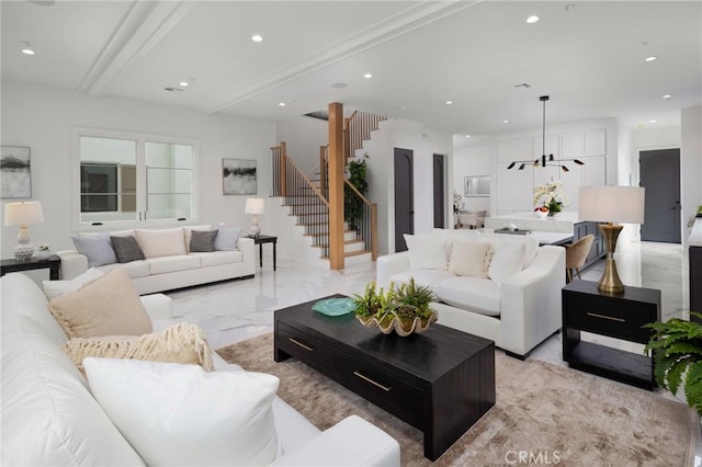 living room with beam ceiling