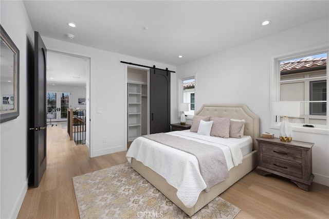 bedroom featuring a barn door, light wood-type flooring, and a spacious closet