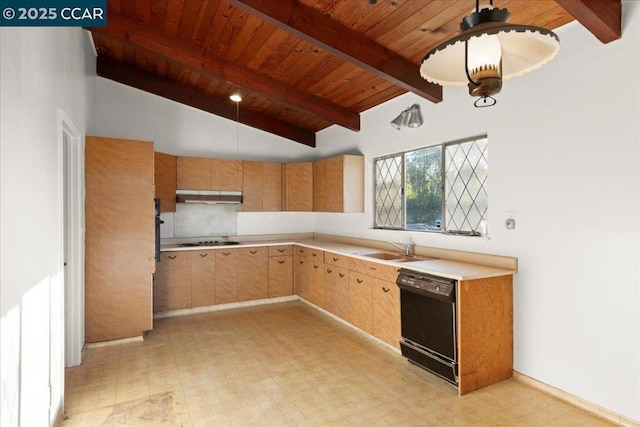 kitchen with black appliances, wood ceiling, decorative light fixtures, sink, and lofted ceiling with beams