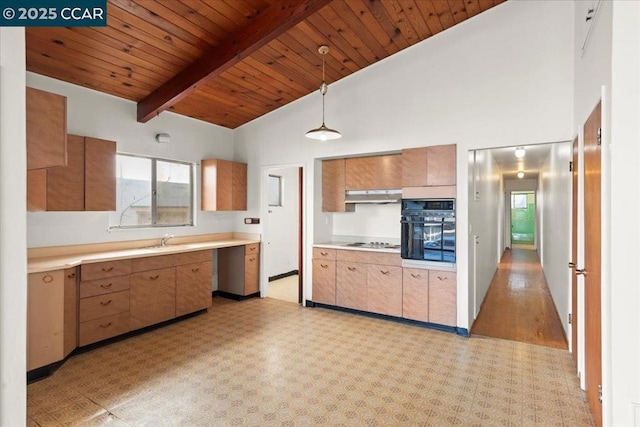 kitchen with wooden ceiling, black appliances, high vaulted ceiling, pendant lighting, and beamed ceiling