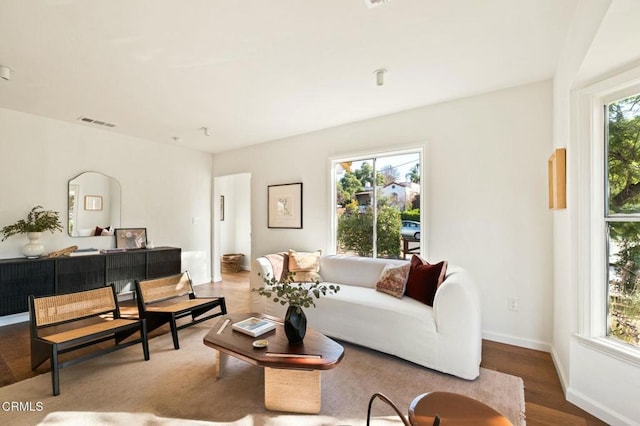 living room featuring a wealth of natural light and hardwood / wood-style floors