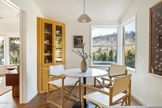 dining area featuring lofted ceiling and hardwood / wood-style flooring