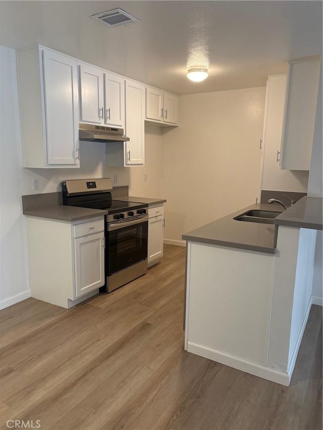 kitchen featuring white cabinets, stainless steel range with electric cooktop, sink, kitchen peninsula, and light hardwood / wood-style flooring