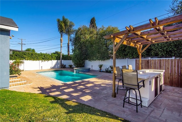 view of swimming pool with a bar, a pergola, a patio, and an in ground hot tub