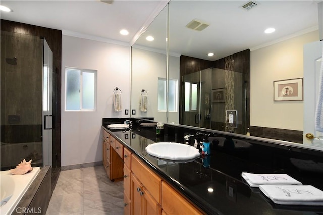 bathroom with vanity, independent shower and bath, and ornamental molding