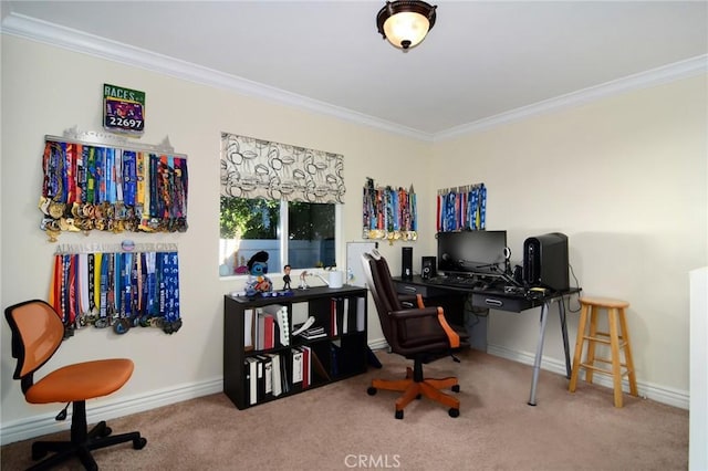 carpeted home office with crown molding