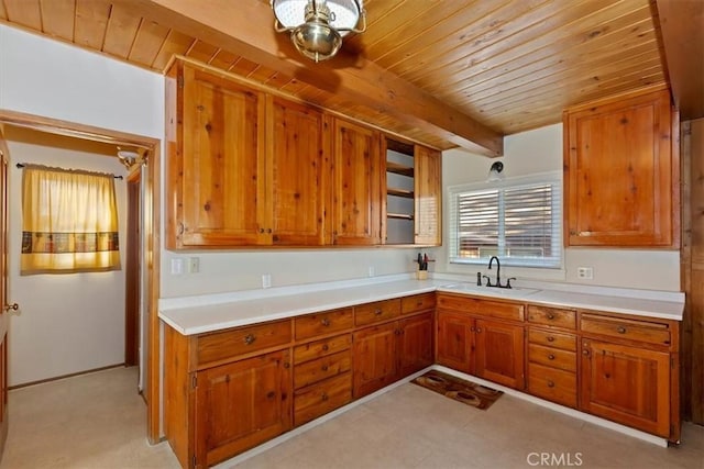 kitchen featuring sink, beam ceiling, and wood ceiling