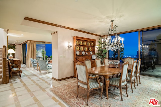 dining room with a notable chandelier and crown molding