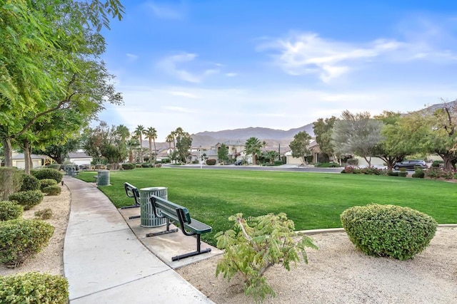 view of home's community featuring a mountain view and a yard