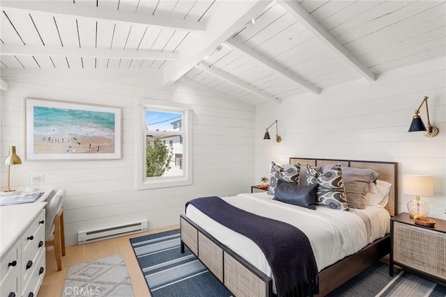 bedroom featuring wood walls, baseboard heating, light hardwood / wood-style flooring, and vaulted ceiling with beams