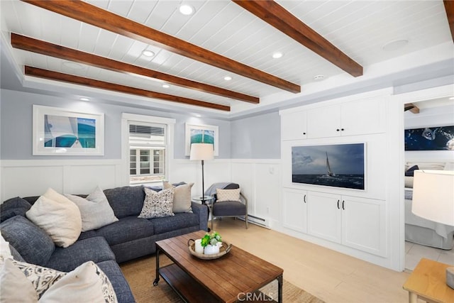 living room with a baseboard radiator, light hardwood / wood-style flooring, and beam ceiling