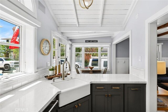 kitchen with lofted ceiling with beams, sink, and wooden ceiling