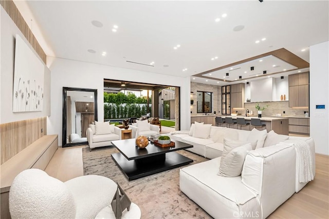 living room featuring light hardwood / wood-style floors, a tray ceiling, and sink