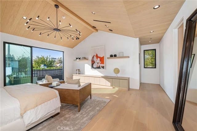 bedroom with light wood-type flooring, wooden ceiling, vaulted ceiling with beams, and access to outside