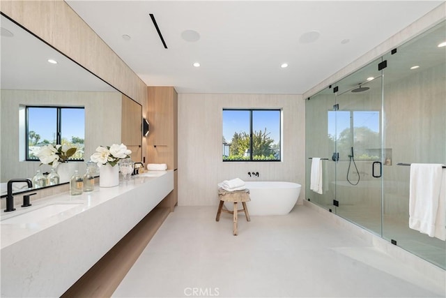 bathroom featuring vanity, plenty of natural light, and independent shower and bath