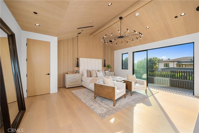 bedroom with beamed ceiling, light hardwood / wood-style floors, a notable chandelier, high vaulted ceiling, and wooden ceiling