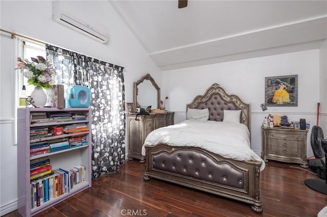 bedroom featuring lofted ceiling, ceiling fan, dark wood-type flooring, and a wall unit AC