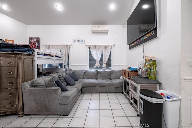 tiled living room with a wall mounted air conditioner