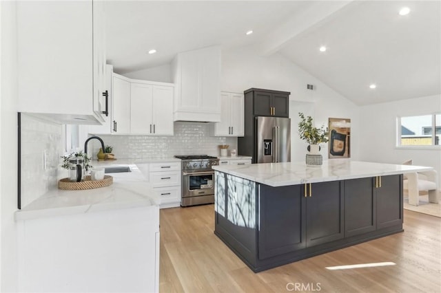 kitchen with white cabinets, a center island, sink, beam ceiling, and high quality appliances