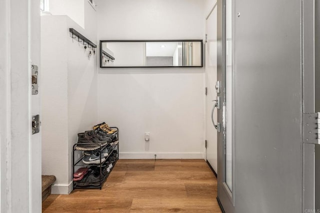 bathroom with hardwood / wood-style floors