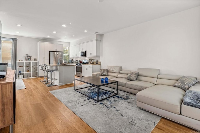 living room featuring sink and light wood-type flooring