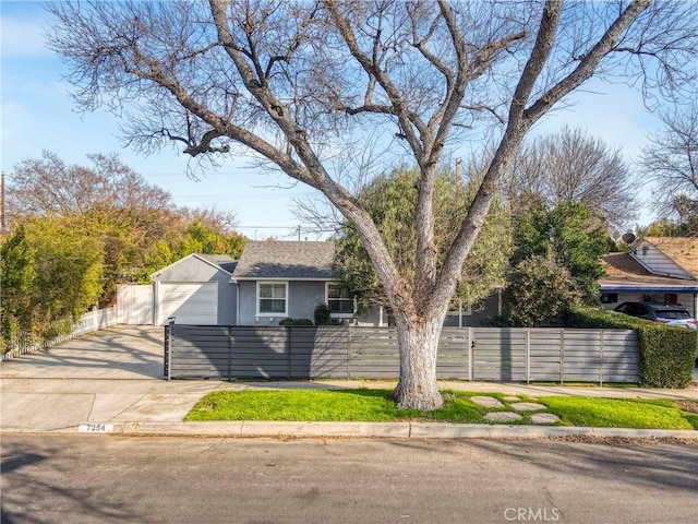 single story home featuring a fenced front yard, driveway, and stucco siding