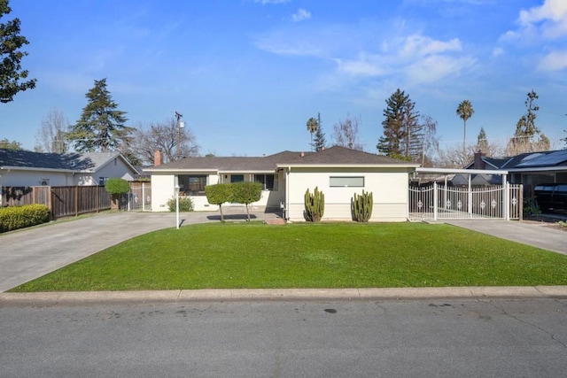 ranch-style home featuring a carport and a front lawn