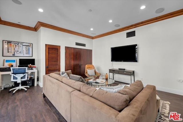 living room featuring dark hardwood / wood-style floors and ornamental molding