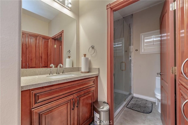 bathroom with tile patterned flooring, vanity, toilet, and walk in shower