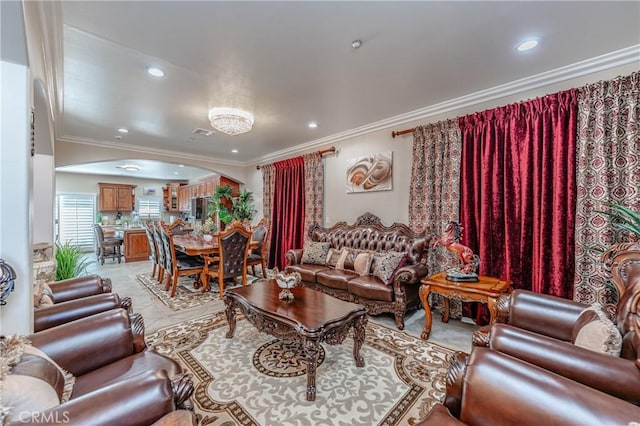 living room with ornamental molding