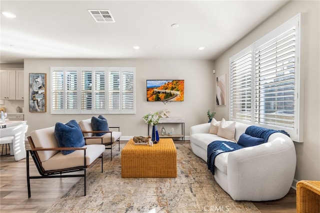 living room with a wealth of natural light and light hardwood / wood-style floors