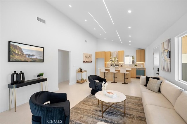 living room featuring high vaulted ceiling