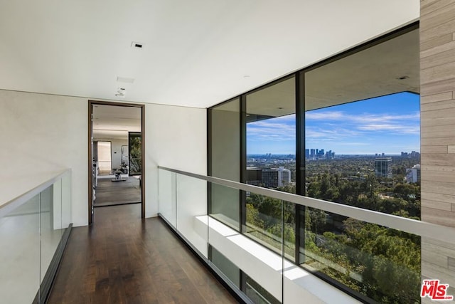 corridor featuring expansive windows and dark wood-type flooring