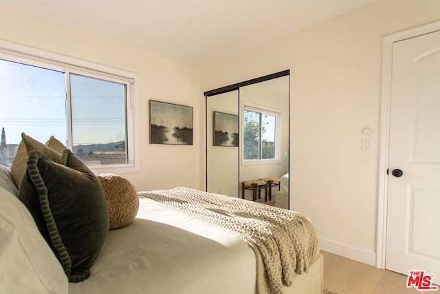 bedroom with hardwood / wood-style floors and a closet