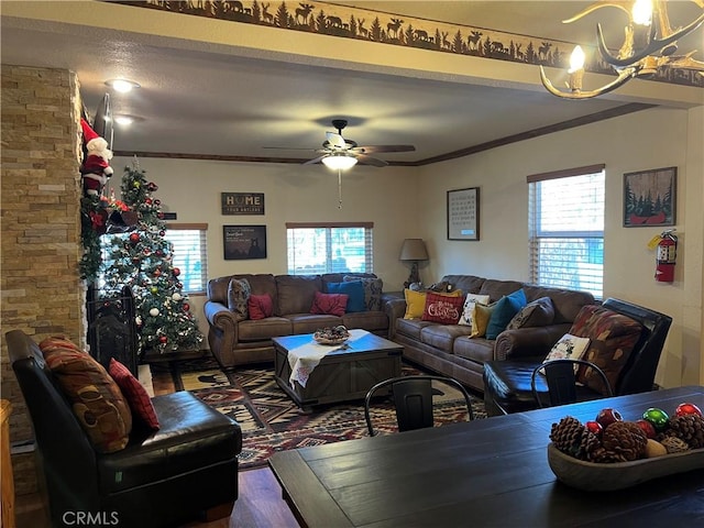 living room with ceiling fan with notable chandelier, plenty of natural light, hardwood / wood-style flooring, and crown molding