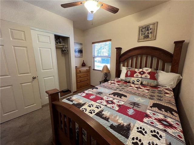 bedroom featuring a closet, dark carpet, and ceiling fan