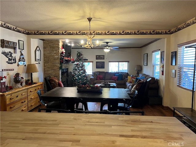 dining space with a textured ceiling, ceiling fan with notable chandelier, and hardwood / wood-style flooring