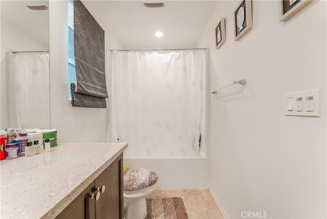 full bathroom with vanity, toilet, tile patterned floors, and shower / bathtub combination with curtain