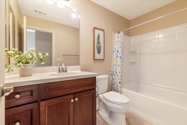 full bathroom featuring toilet, vanity, and shower / tub combo with curtain