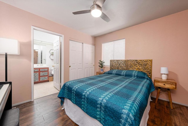 bedroom with ceiling fan, a closet, dark wood-type flooring, and connected bathroom