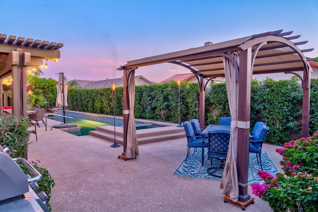 view of community featuring a patio area, a hot tub, and a pergola