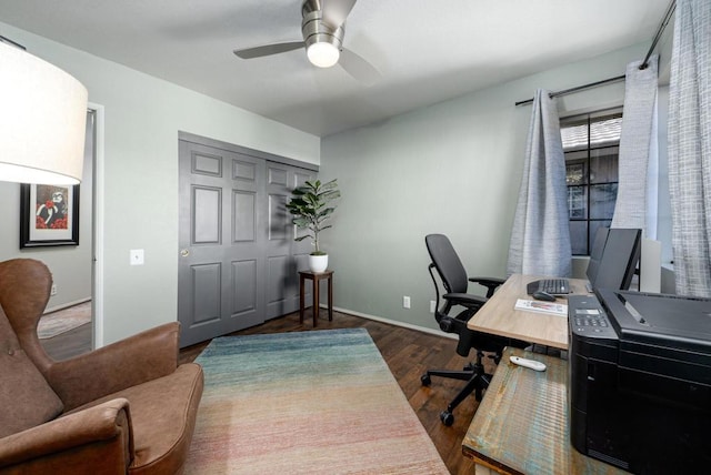 office space with ceiling fan and dark hardwood / wood-style flooring