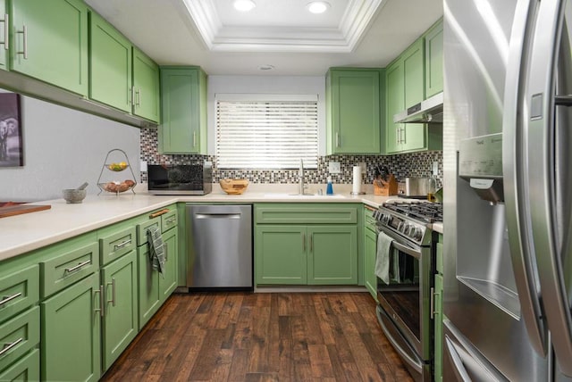 kitchen featuring sink, crown molding, green cabinets, a tray ceiling, and appliances with stainless steel finishes