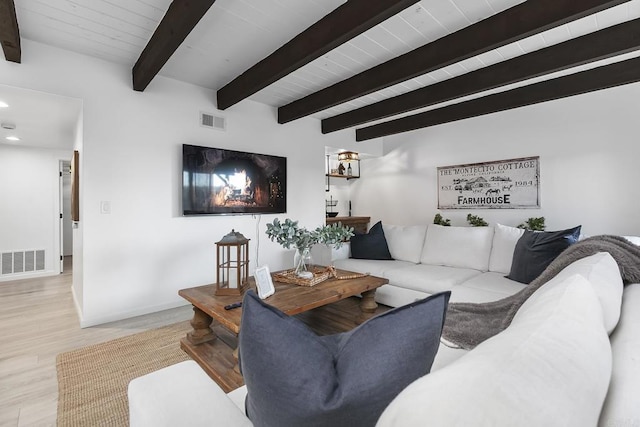 living room featuring wood ceiling, light hardwood / wood-style flooring, and beamed ceiling